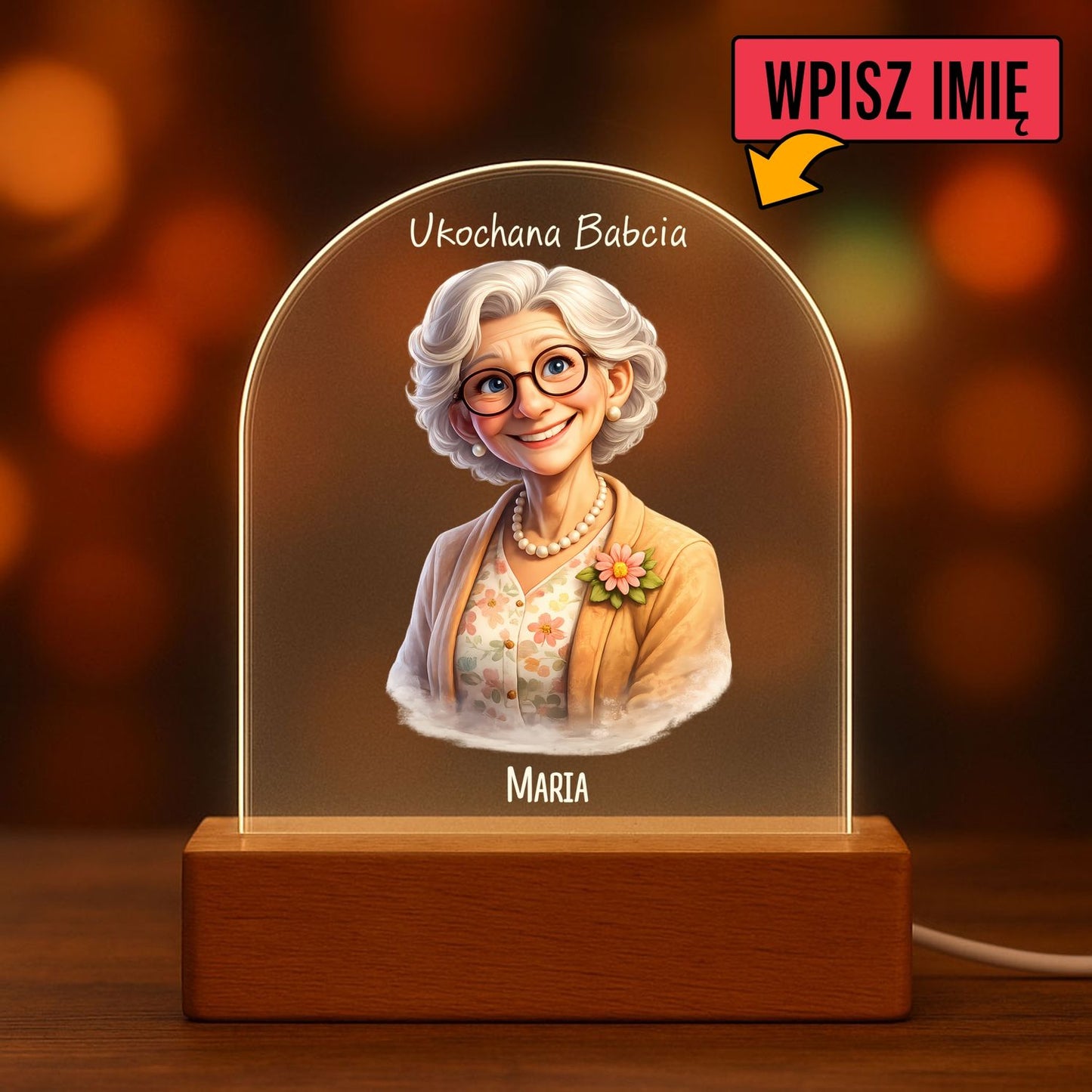 Personalizowana lampka LED na akrylu - Ukochana Babcia lub Ukochany Dziadek z imieniemб Prezent dla Babci i Dziadka