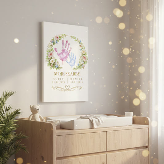 Personalizowany obraz na płótnie „Moje Skarby” z imionami dzieci – prezent na Dzień Matki – dekoracja ścienna dla Mamy