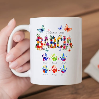 Kubek „Tu kwitnie miłość” dla Babci lub Dziadka - personalizowany z imionami