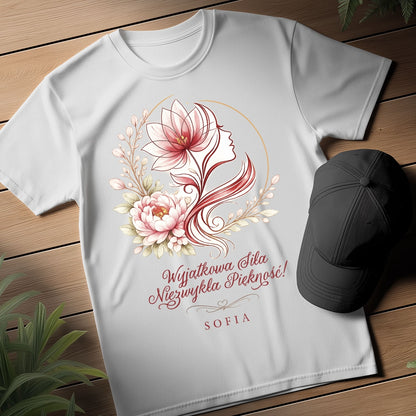 Personalizowana koszulka "Wyjątkowa Siła, Niezwykłe Piękno” z imieniem – koszulka dla kobiety – elegancki prezent dla niej