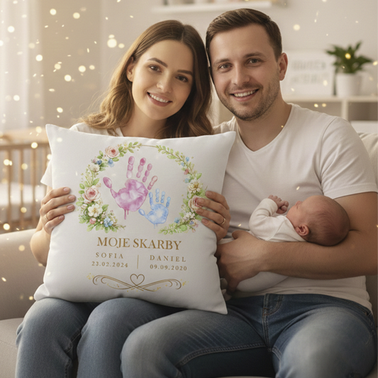 Personalizowana poduszka „Moje Skarby” z imionami dzieci – prezent na Dzień Matki – poduszka dekoracyjna dla Mamy
