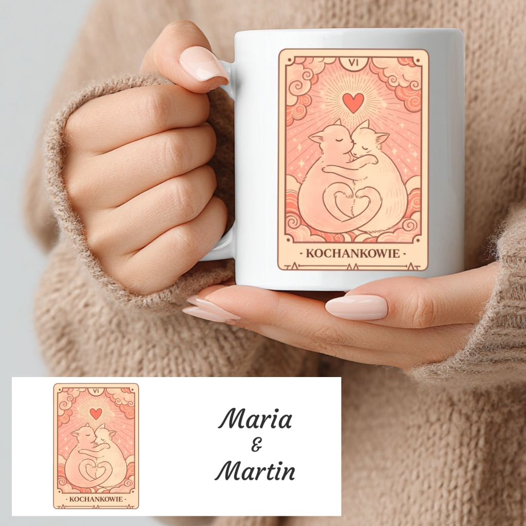 Personalizowany Kubek Tarot – Karta Kochankowie + Wasze Imiona. Magiczny Prezent na Walentynki