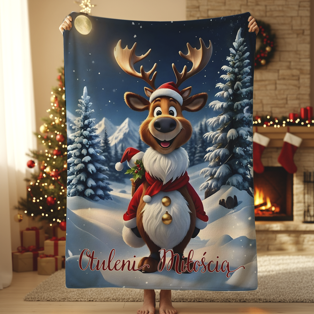 Personalizowany Koc Świąteczny „Otuleni Miłością” - Prezent Bożonarodzeniowy, Koc Polar lub Sherpa, Ciepły Koc z Reniferem, Personalizowany Prezent dla Rodziny