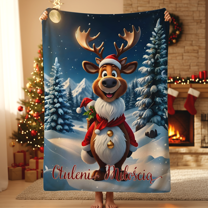 Personalizowany Koc Świąteczny „Otuleni Miłością” - Prezent Bożonarodzeniowy, Koc Polar lub Sherpa, Ciepły Koc z Reniferem, Personalizowany Prezent dla Rodziny