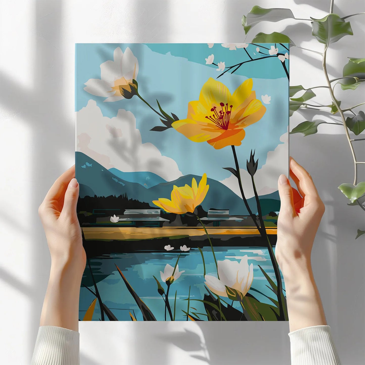 Obraz Po Numerach "Kwiaty nad Jeziorem" – Malowanie po Numerach, Zestaw Artystyczny, Relaks i Natura