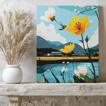 Obraz Po Numerach "Kwiaty nad Jeziorem" – Malowanie po Numerach, Zestaw Artystyczny, Relaks i Natura