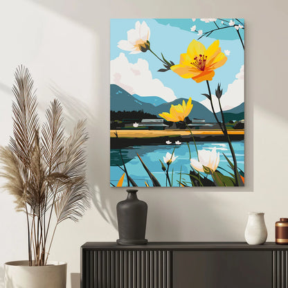 Obraz Po Numerach "Kwiaty nad Jeziorem" – Malowanie po Numerach, Zestaw Artystyczny, Relaks i Natura
