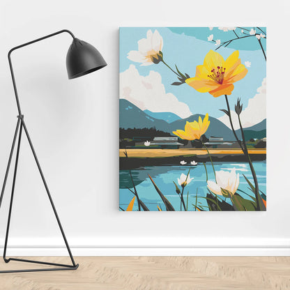 Obraz Po Numerach "Kwiaty nad Jeziorem" – Malowanie po Numerach, Zestaw Artystyczny, Relaks i Natura