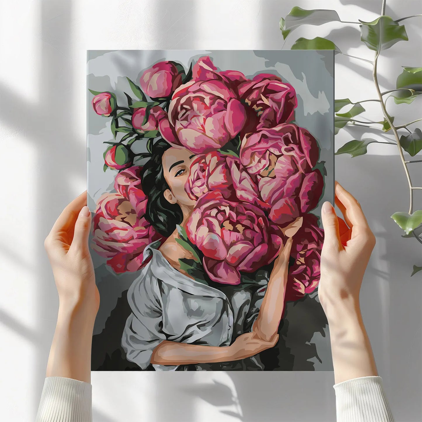 Obraz Po Numerach "Kobieta z Piwoniami" – Malowanie po Numerach, Elegancja i Kwiatowa Sztuka