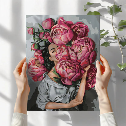 Obraz Po Numerach "Kobieta z Piwoniami" – Malowanie po Numerach, Elegancja i Kwiatowa Sztuka