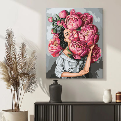 Obraz Po Numerach "Kobieta z Piwoniami" – Malowanie po Numerach, Elegancja i Kwiatowa Sztuka