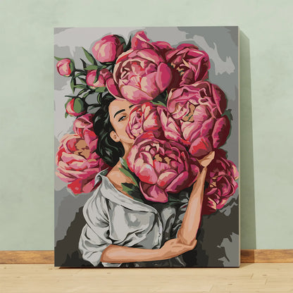 Obraz Po Numerach "Kobieta z Piwoniami" – Malowanie po Numerach, Elegancja i Kwiatowa Sztuka