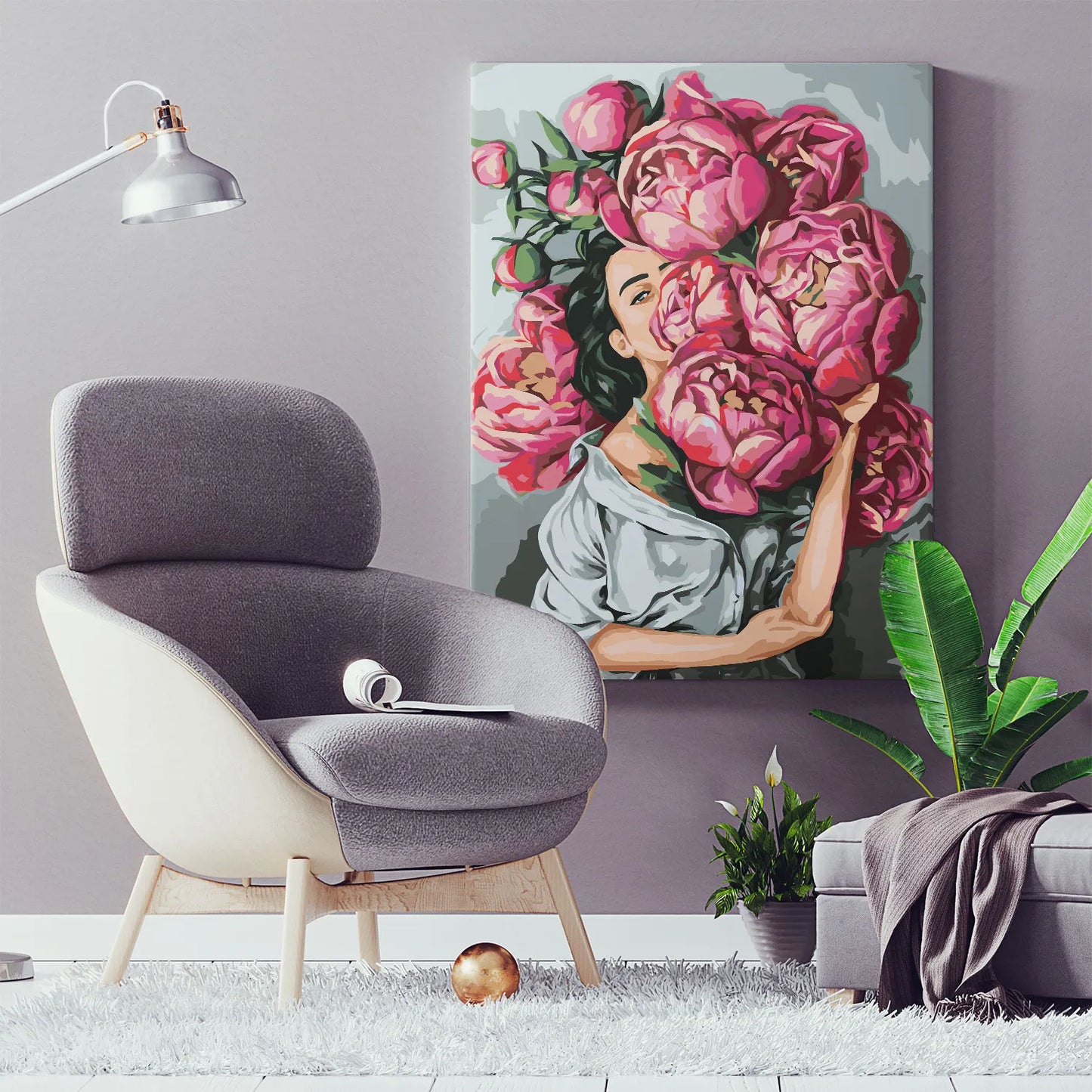 Obraz Po Numerach "Kobieta z Piwoniami" – Malowanie po Numerach, Elegancja i Kwiatowa Sztuka