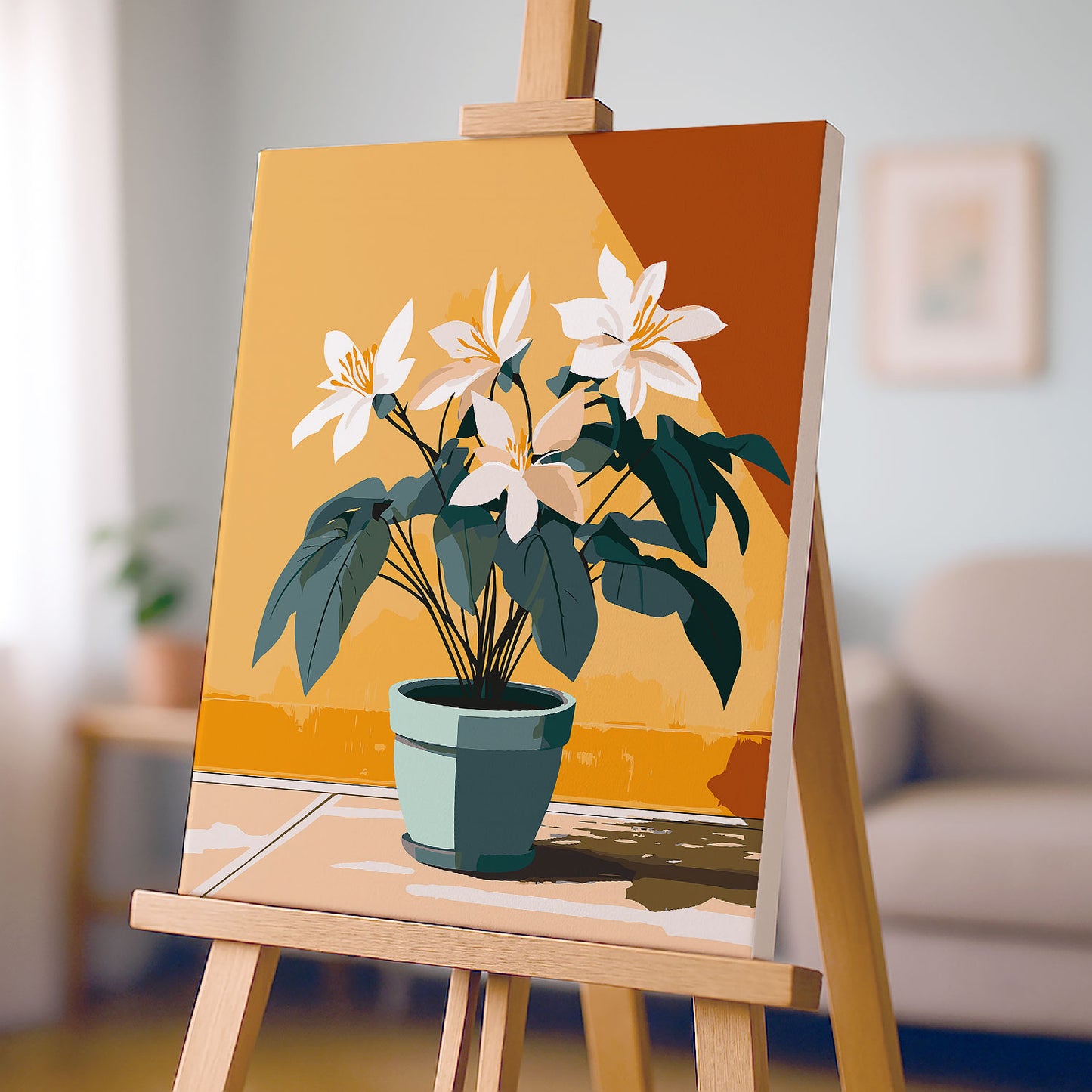 Obraz Po Numerach „Białe Kwiaty w Doniczce” – Rośliny Domowe, Minimalistyczny Styl