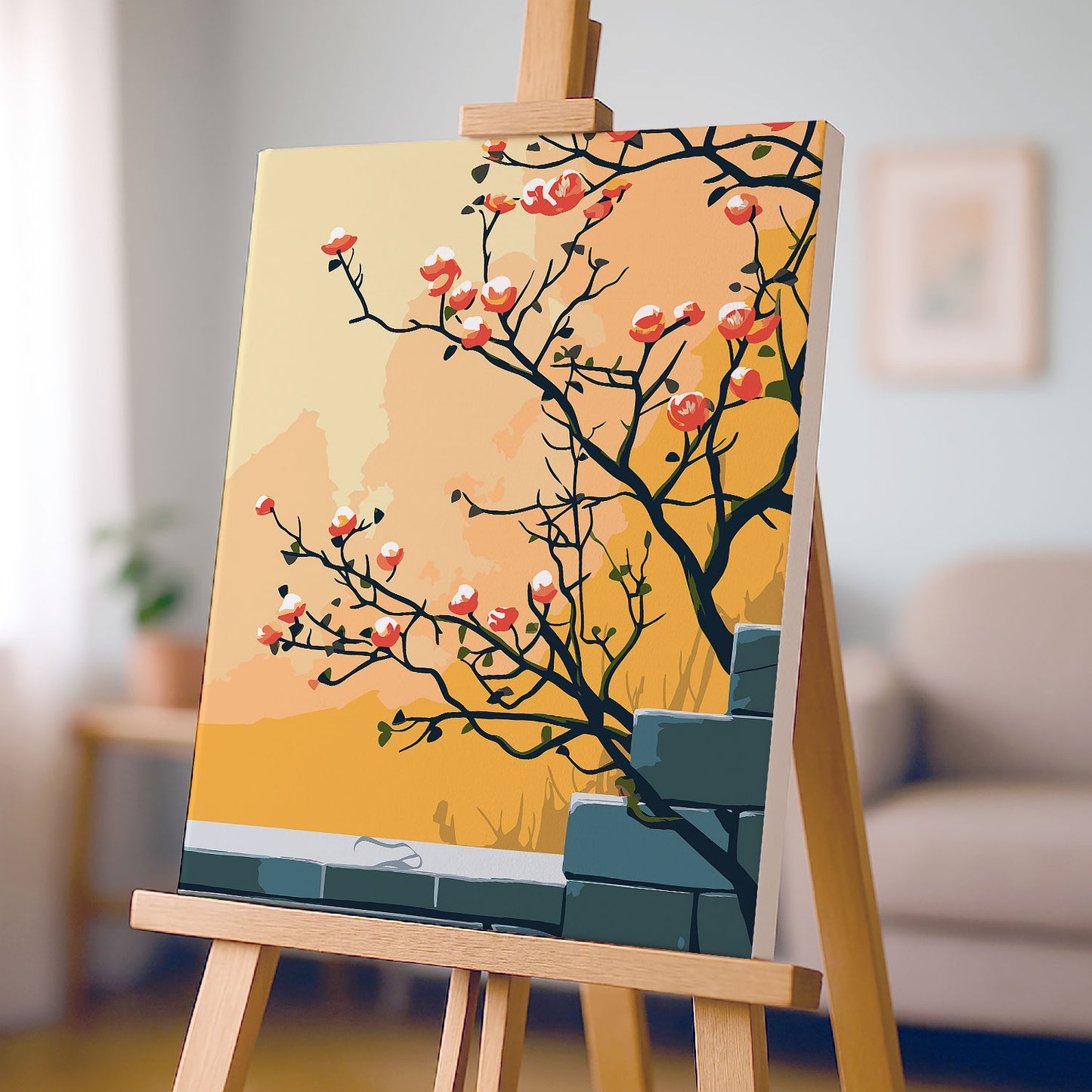 Obraz Po Numerach „Kwitnąca Gałąź przy Murze” – Orientalny Motyw, Minimalizm