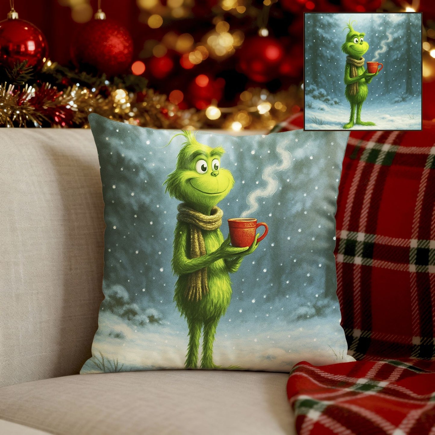 Świąteczna Poduszka Dekoracyjna z Zielonym Stworkiem – Zimowy Klimat