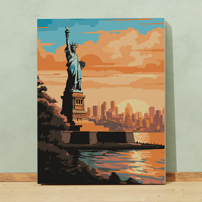 Statua Wolności i Panorama Nowego Jorku o Zachodzie