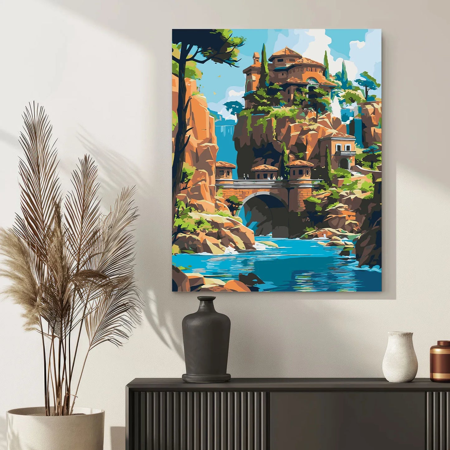 Obraz Po Numerach "Zamek nad Wodospadem" – Malowanie po Numerach, Bajkowy Krajobraz i Fantastyczna Architektura