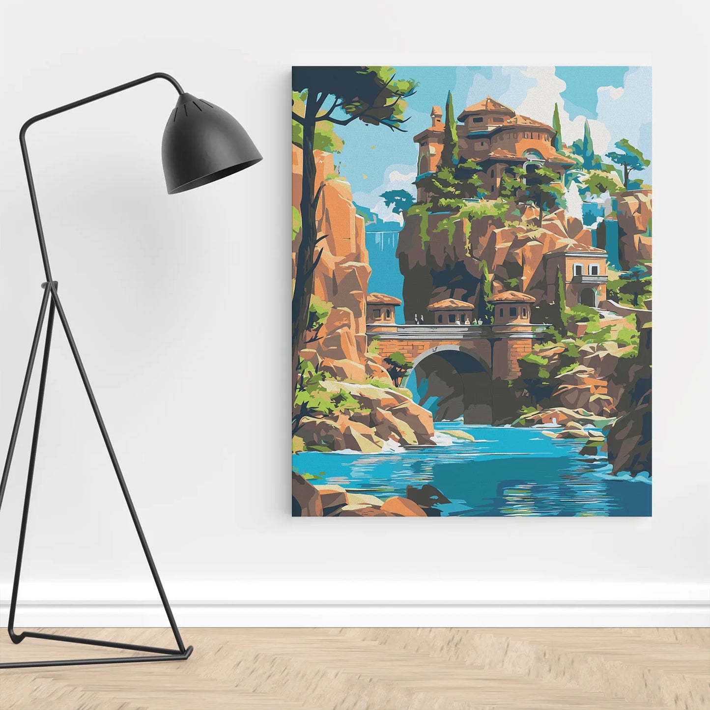 Obraz Po Numerach "Zamek nad Wodospadem" – Malowanie po Numerach, Bajkowy Krajobraz i Fantastyczna Architektura