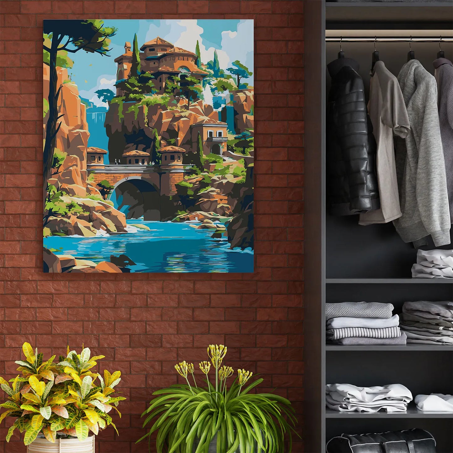 Obraz Po Numerach "Zamek nad Wodospadem" – Malowanie po Numerach, Bajkowy Krajobraz i Fantastyczna Architektura