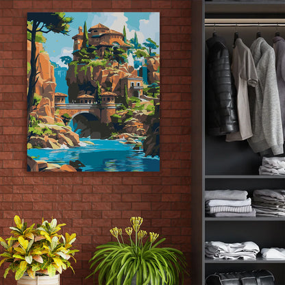 Obraz Po Numerach "Zamek nad Wodospadem" – Malowanie po Numerach, Bajkowy Krajobraz i Fantastyczna Architektura