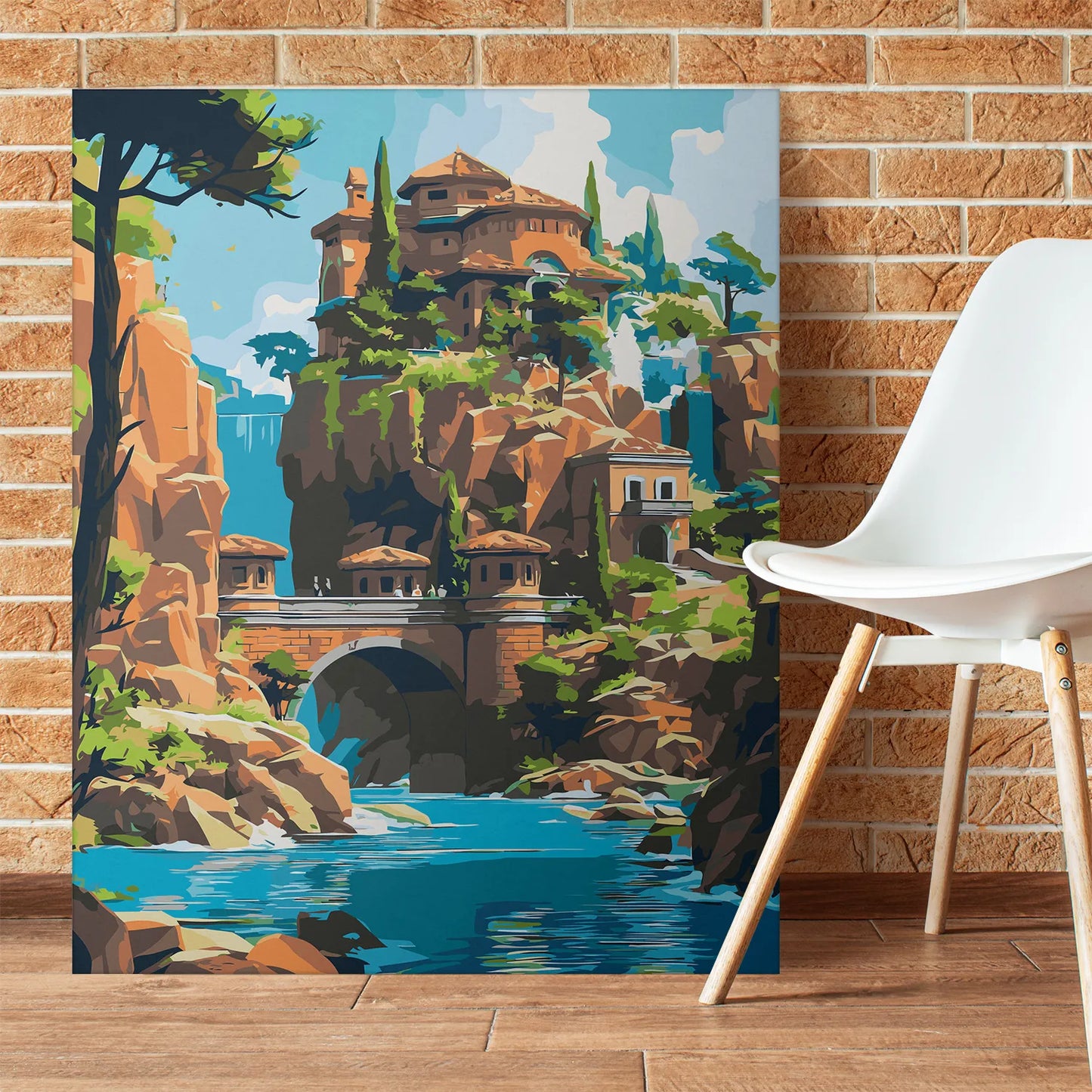 Obraz Po Numerach "Zamek nad Wodospadem" – Malowanie po Numerach, Bajkowy Krajobraz i Fantastyczna Architektura