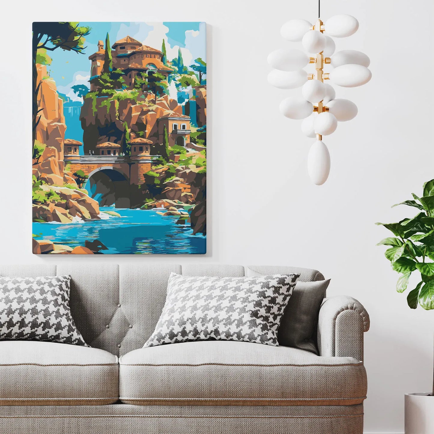 Obraz Po Numerach "Zamek nad Wodospadem" – Malowanie po Numerach, Bajkowy Krajobraz i Fantastyczna Architektura