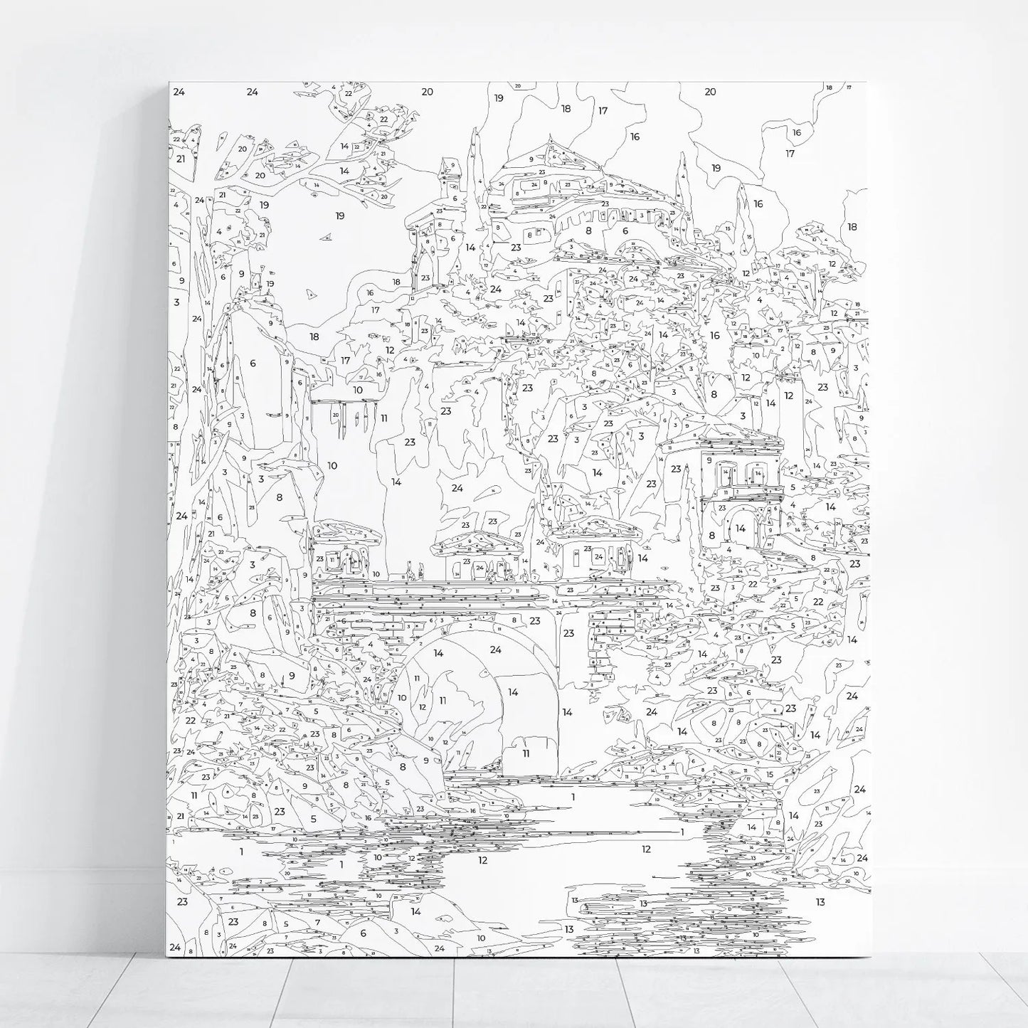 Obraz Po Numerach "Zamek nad Wodospadem" – Malowanie po Numerach, Bajkowy Krajobraz i Fantastyczna Architektura