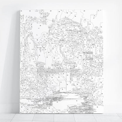 Obraz Po Numerach "Zamek nad Wodospadem" – Malowanie po Numerach, Bajkowy Krajobraz i Fantastyczna Architektura