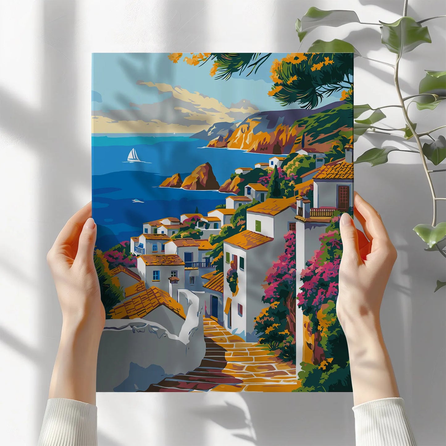 Obraz Po Numerach "Śródziemnomorska Wioska" – Malowanie po Numerach, Sztuka i Letni Klimat