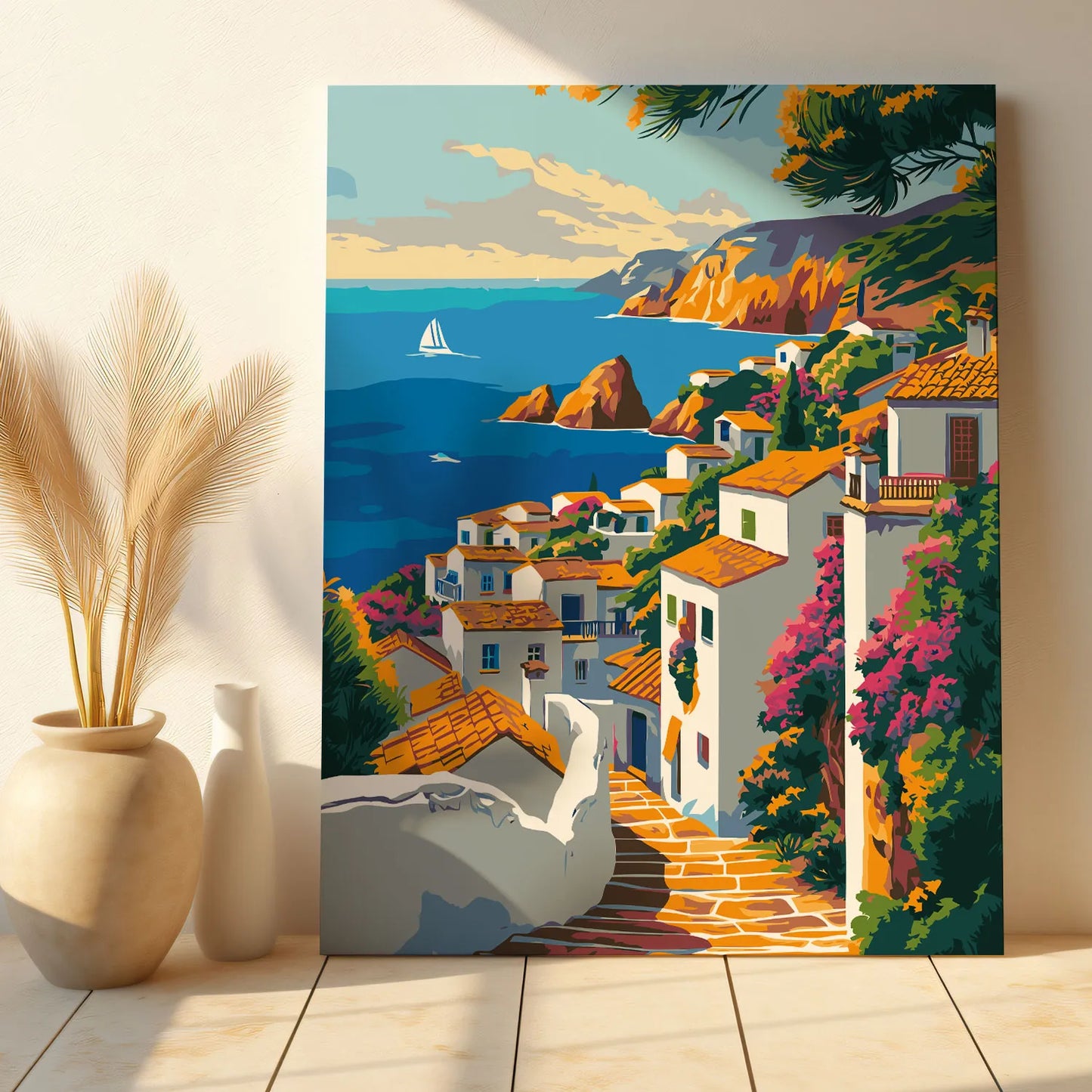 Obraz Po Numerach "Śródziemnomorska Wioska" – Malowanie po Numerach, Sztuka i Letni Klimat