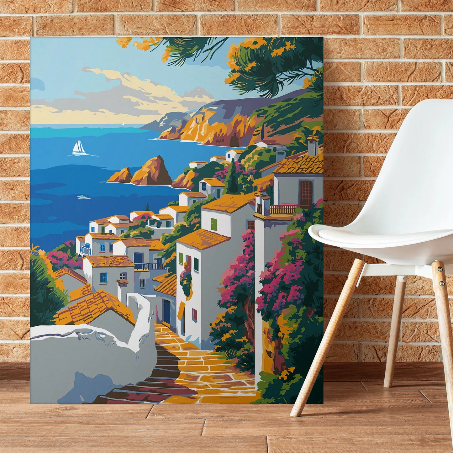 Obraz Po Numerach "Śródziemnomorska Wioska" – Malowanie po Numerach, Sztuka i Letni Klimat