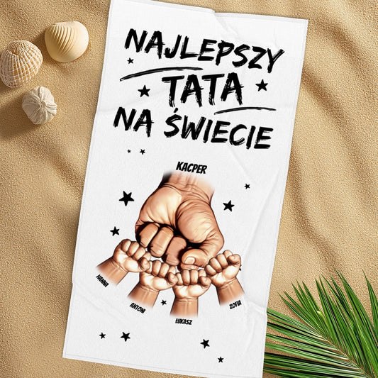Ręcznik Personalizowany: Najlepszy Tata na Świecie – Z Imionami Dzieci i Pięścią