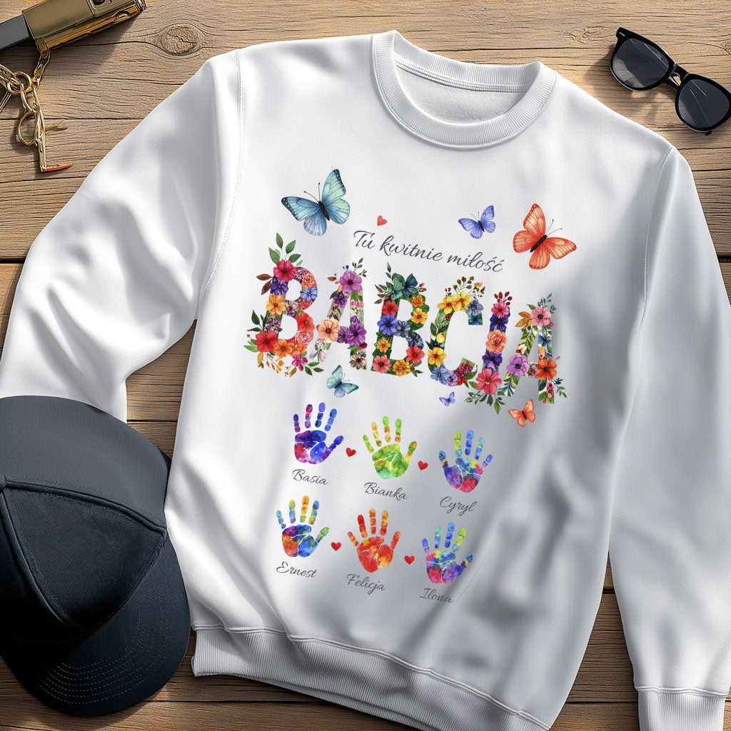 Personalizowany Bluza „Babcia – Tu kwitnie miłość” z Imionami Wnuków