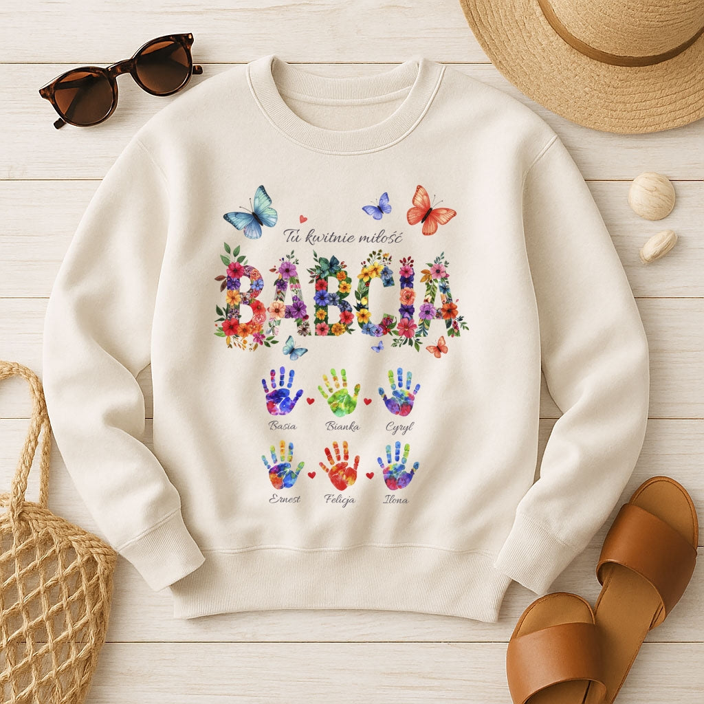 Personalizowany Bluza „Babcia – Tu kwitnie miłość” z Imionami Wnuków