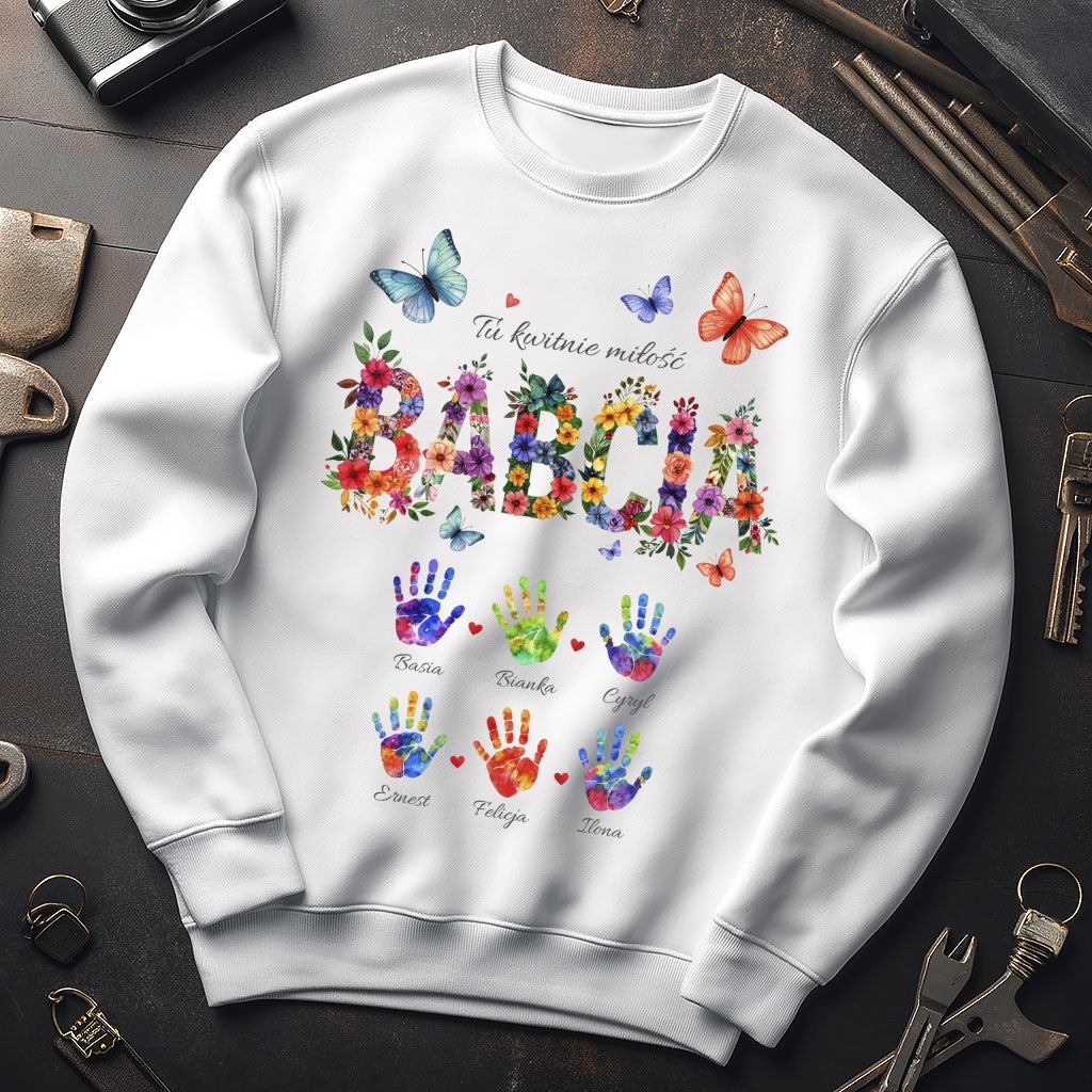 Personalizowany Bluza „Babcia – Tu kwitnie miłość” z Imionami Wnuków
