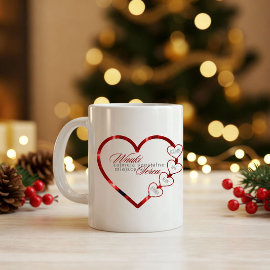 Personalizowany Kubek z Imionami Wnuków w Sercach – Idealny Prezent dla Babci i Dziadka na Święta