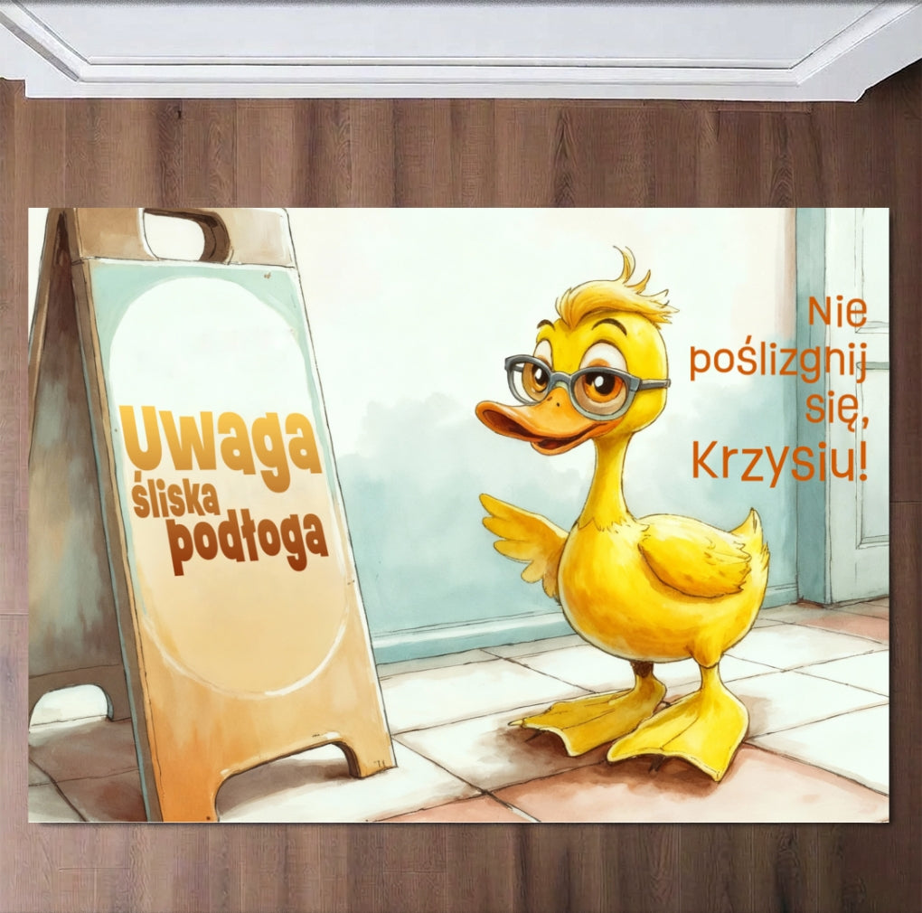 Personalizowany dywanik łazienkowy 🐥 „Uwaga śliska podłoga!” – śmieszna mata z kaczuszką i imieniem, prezent dla dzieci i domowników