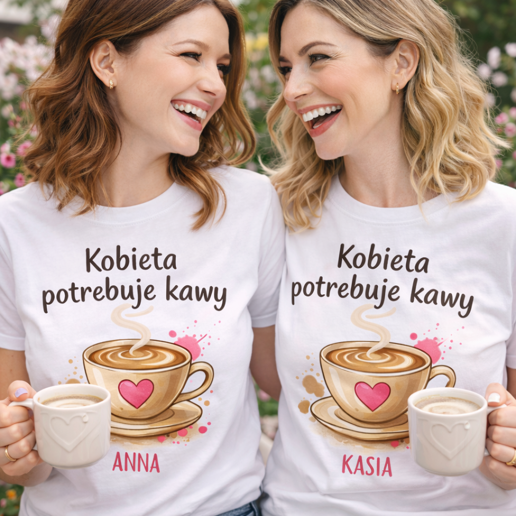 Personalizowana koszulka „Kobieta potrzebuje kawy” z imieniem – koszulka dla miłośniczki kawy – prezent dla niej