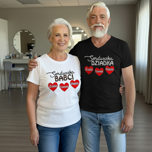 Serduszka Babci i Dziadka zestaw koszulek z imionami wnuków