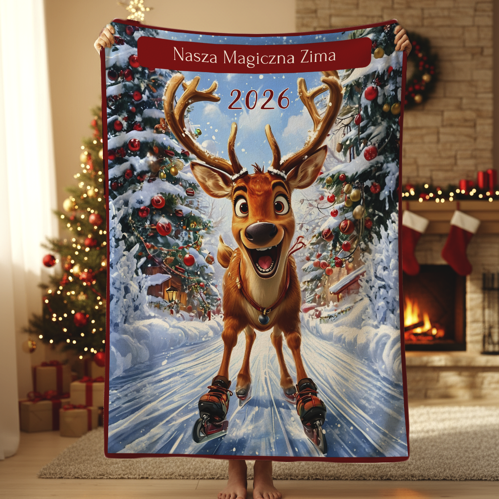 Personalizowany Koc Świąteczny z Reniferem – Nasza Magiczna Zima 2026, Idealny Prezent na Boże Narodzenie