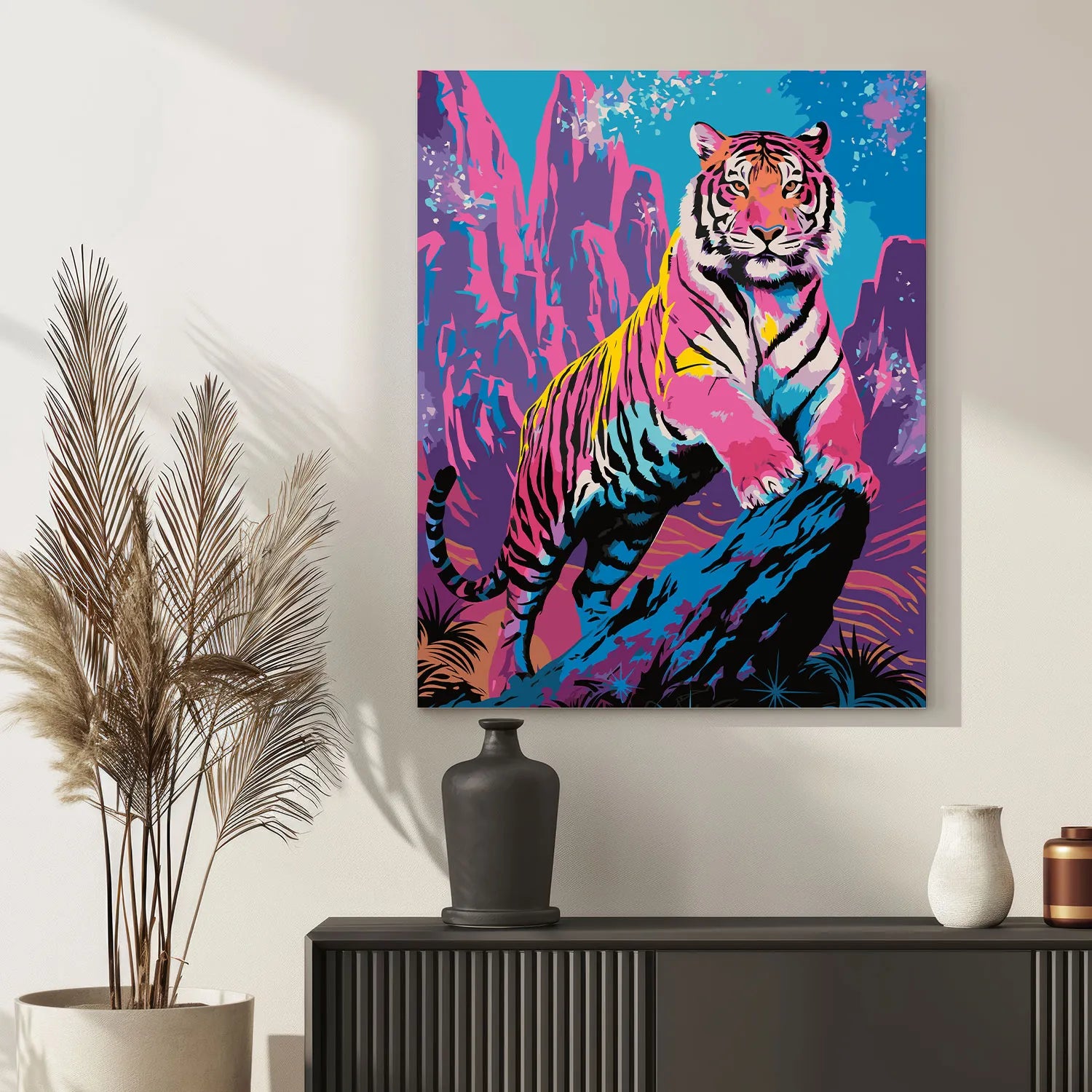 Obraz Po Numerach "Neonowy Tygrys" – Malowanie po Numerach, Sztuka Pop-Art i Drapieżna Elegancja