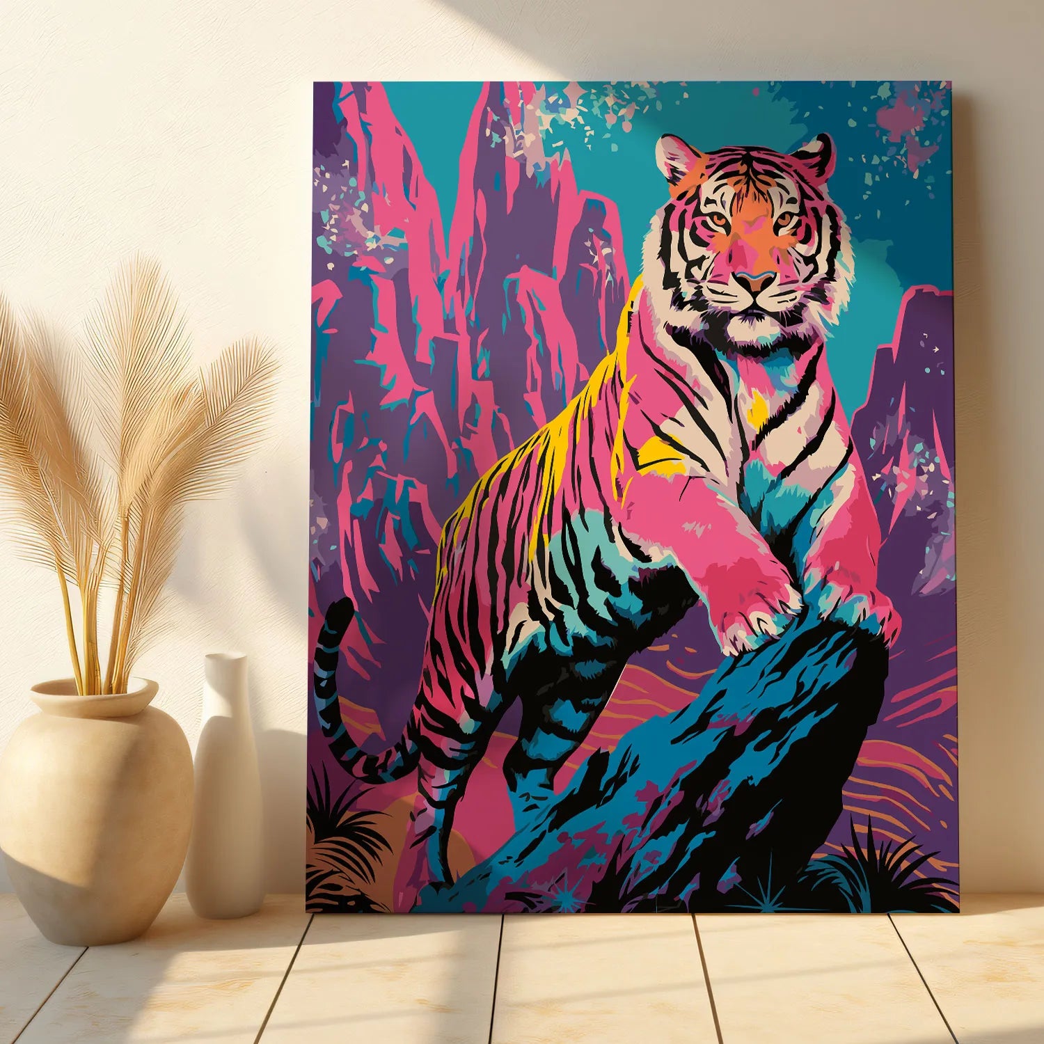 Obraz Po Numerach "Neonowy Tygrys" – Malowanie po Numerach, Sztuka Pop-Art i Drapieżna Elegancja