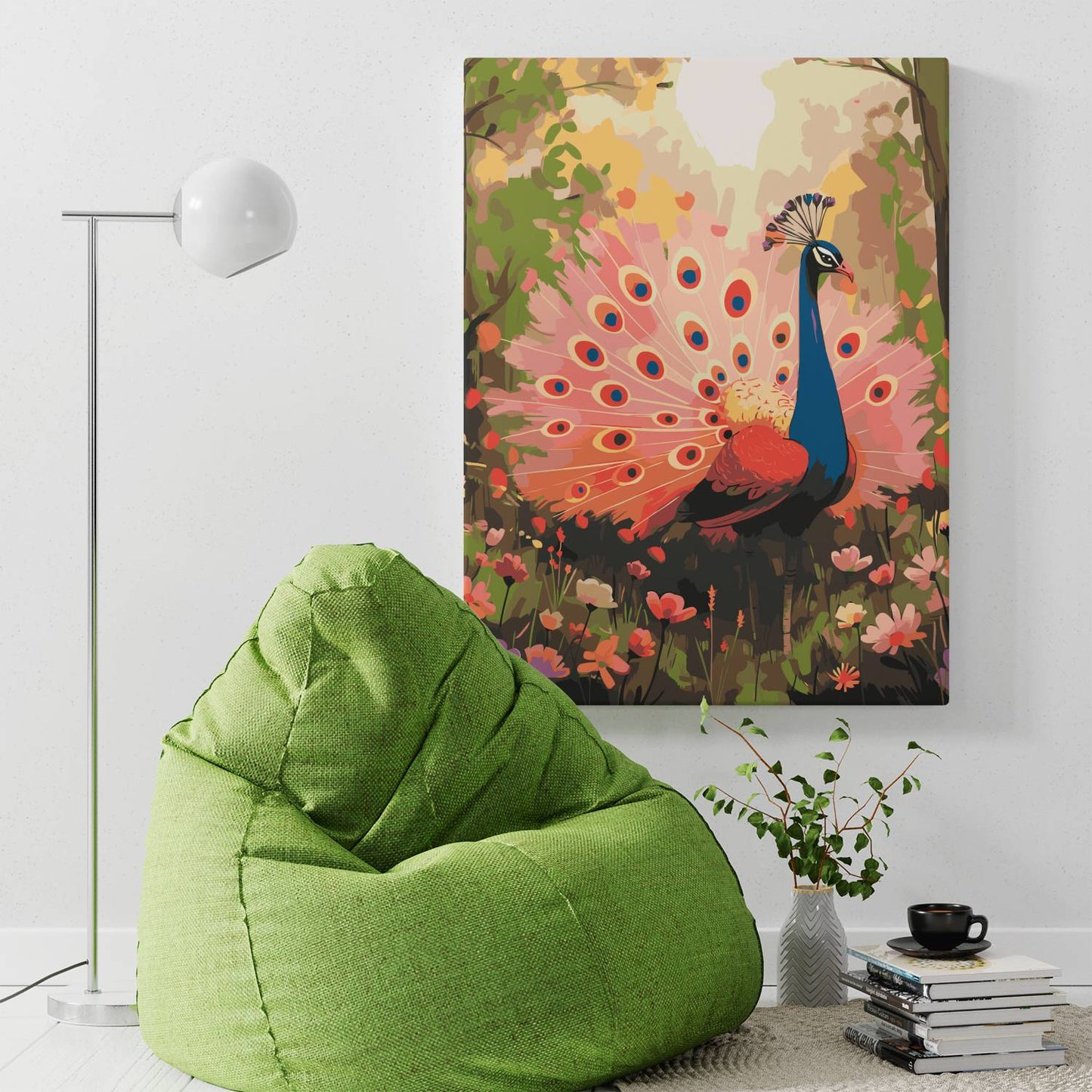 Obraz Po Numerach "Paw w Ogrodzie" – Malowanie po Numerach, Egzotyczne Piękno i Kolorowa Natura