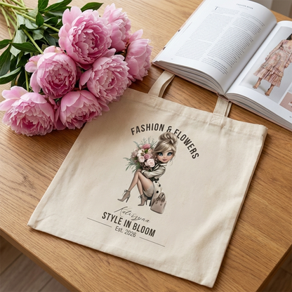 Personalizowana Torba "Fashion & Flowers" – Twoje Imię, Stylowa Eko Shopperka z Grafiką, Prezent dla Miłośniczki Mody
