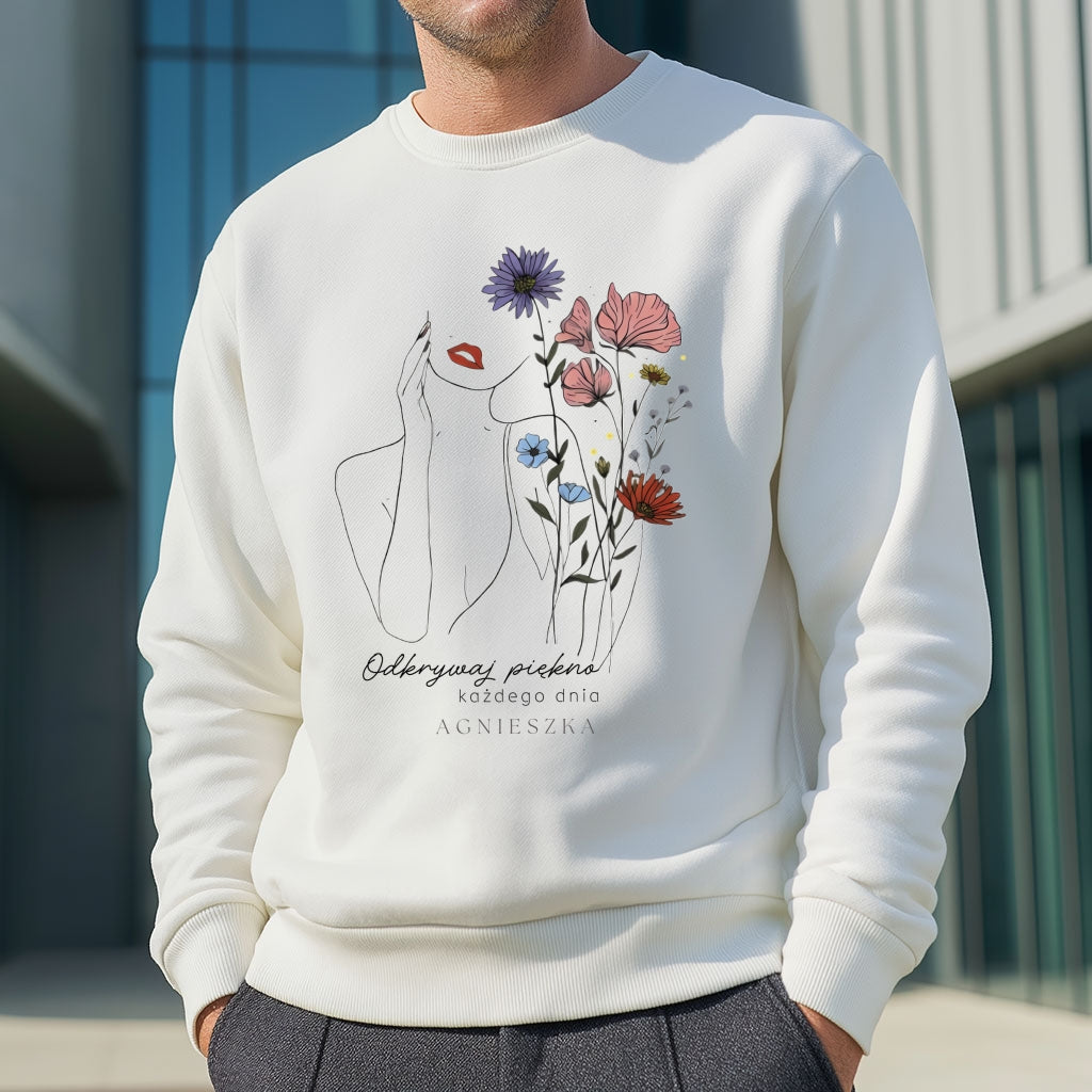 Personalizowana Bluza "Odkrywaj Piękno" – Twoje Imię, Estetyczny Line Art z Kwiatami, Wyjątkowy Prezent dla Niej
