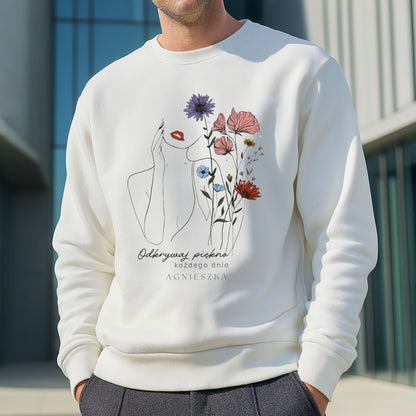 Personalizowana Bluza "Odkrywaj Piękno" – Twoje Imię, Estetyczny Line Art z Kwiatami, Wyjątkowy Prezent dla Niej