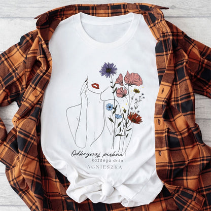 Personalizowana Bluza "Odkrywaj Piękno" – Twoje Imię, Estetyczny Line Art z Kwiatami, Wyjątkowy Prezent dla Niej