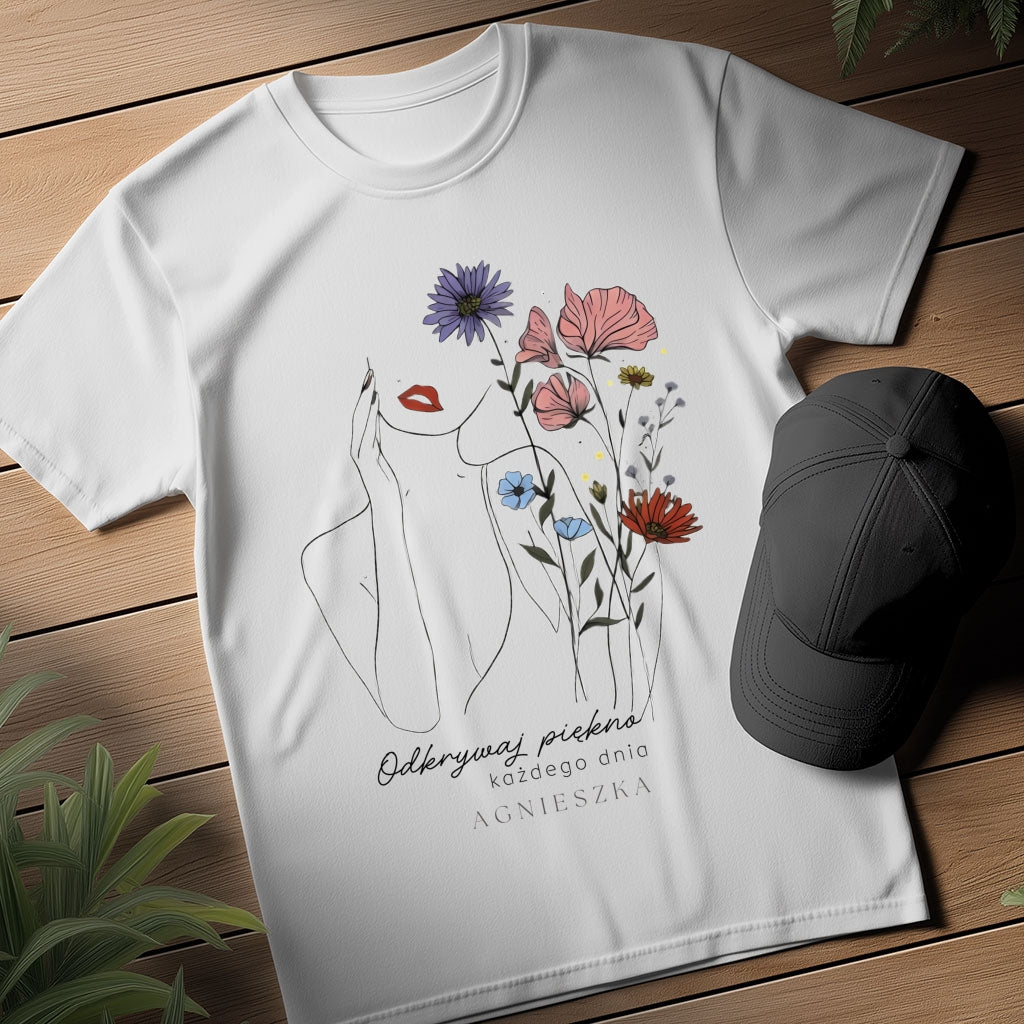 Personalizowana Bluza "Odkrywaj Piękno" – Twoje Imię, Estetyczny Line Art z Kwiatami, Wyjątkowy Prezent dla Niej