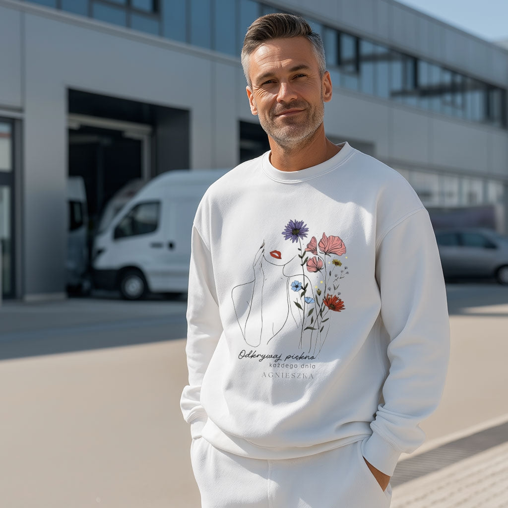 Personalizowana Bluza "Odkrywaj Piękno" – Twoje Imię, Estetyczny Line Art z Kwiatami, Wyjątkowy Prezent dla Niej